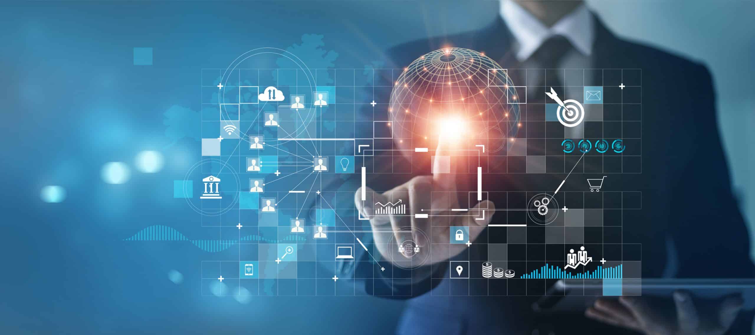 Businessman touching business global network and analyzing sales data, Customer, Finance and economic, Strategy and planning of growth on success.
