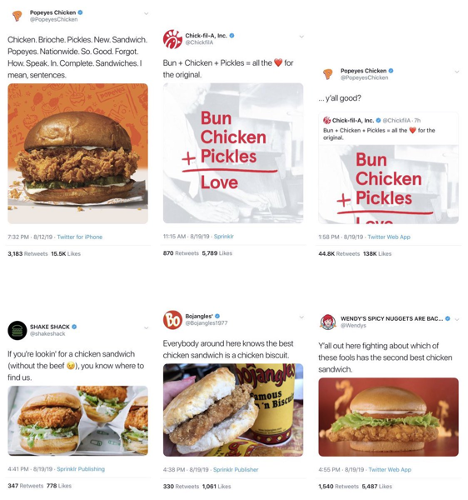 A group of instagram posts that started the Chicken Sandwich craze from multiple brands
