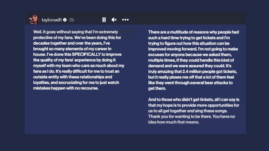 Taylor Swift' response to Ticketmasters disaster