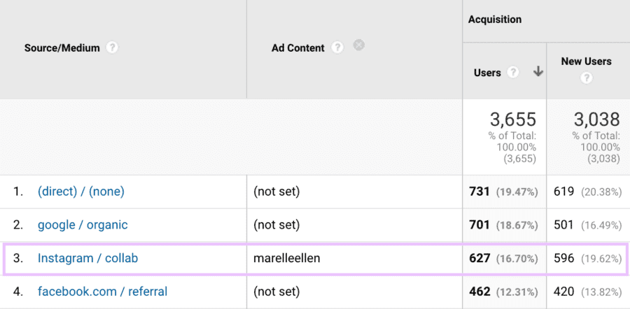 Example of UTM tags used for an Influencer marketing campaign
